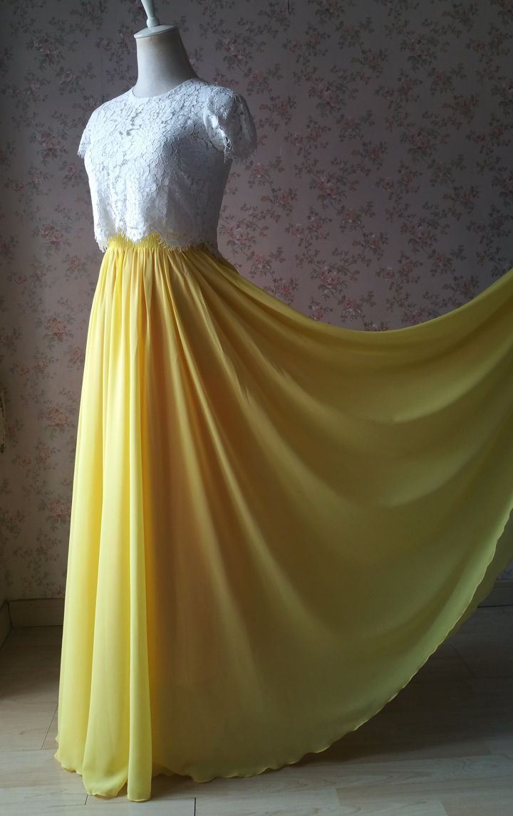 Women YELLOW Pleated Long Chiffon Skirt High Waist Full Length Chiffon