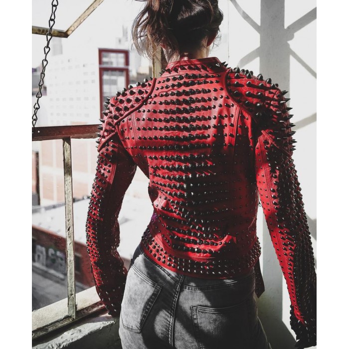 Handmade Women’s Red Fashion Studded Punk Style Leather Jacket on Storenvy