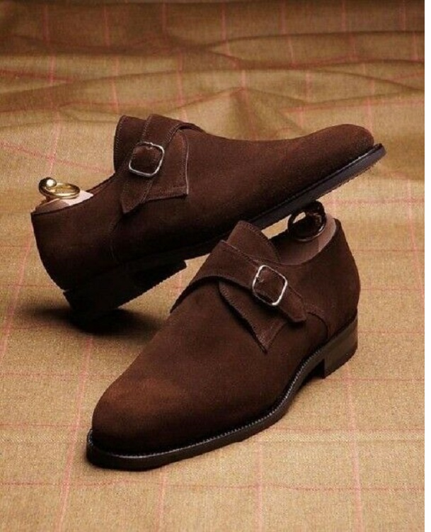 Handmade Men Brown Suede Monk Strap Shoes Fashion Dressing Shoes on