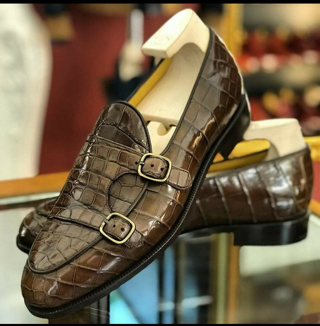Handmade men brown crocodile shoes, men double monk dress
