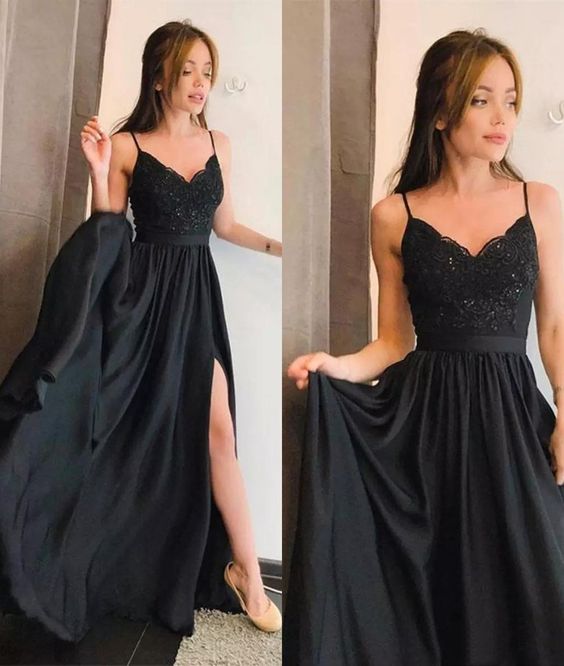 Charming A Line V Neck Spaghetti Straps Black Satin Long Prom Dress with Split on Storenvy