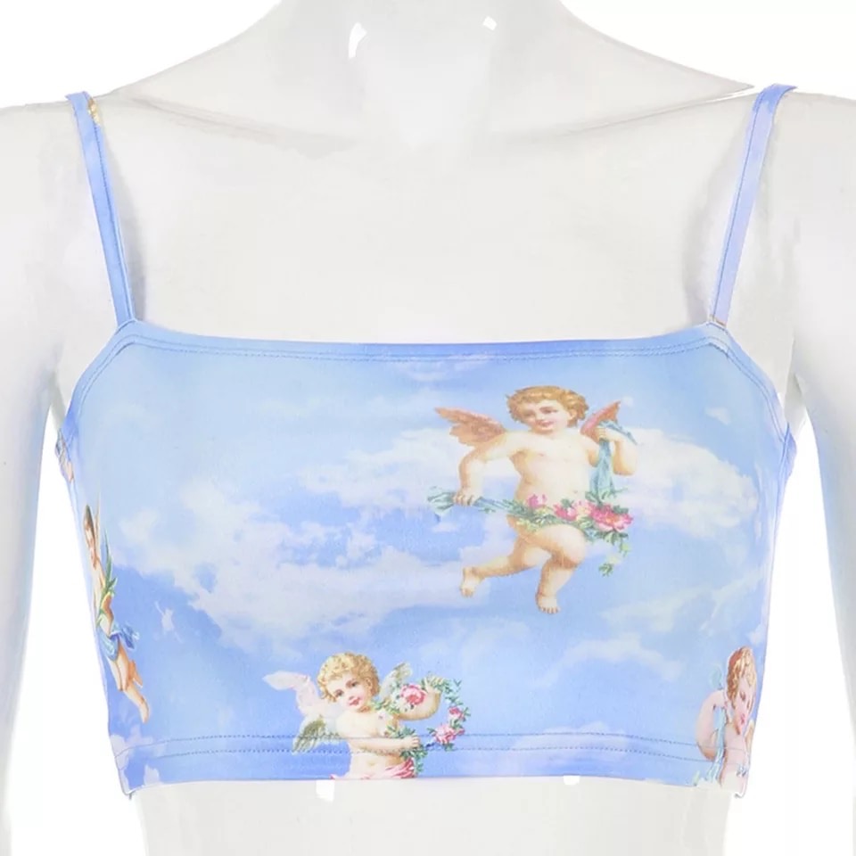 Cute Cupid Angel Love Print Crop Top Camisole Spaghetti Strap Tank Shirt Tee T-shirt E-Girl 